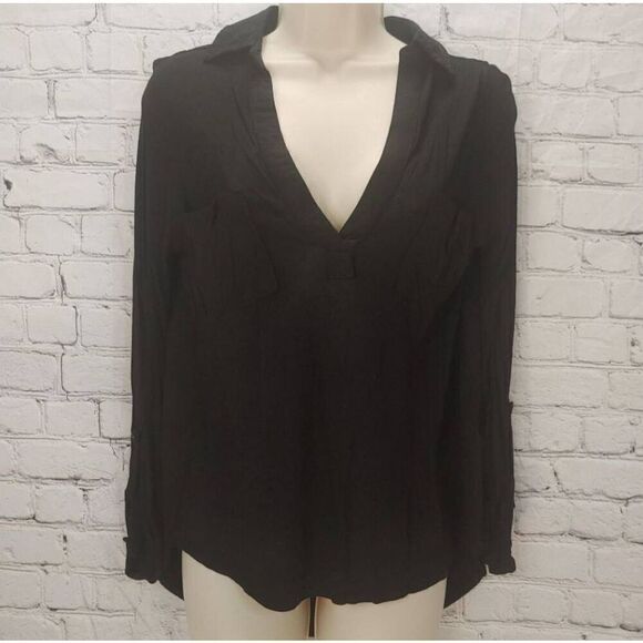 Dear John Women's Size Small Black 100% Rayon Hi-Lo Roll Tab Sleeve Blouse - Picture 1 of 6